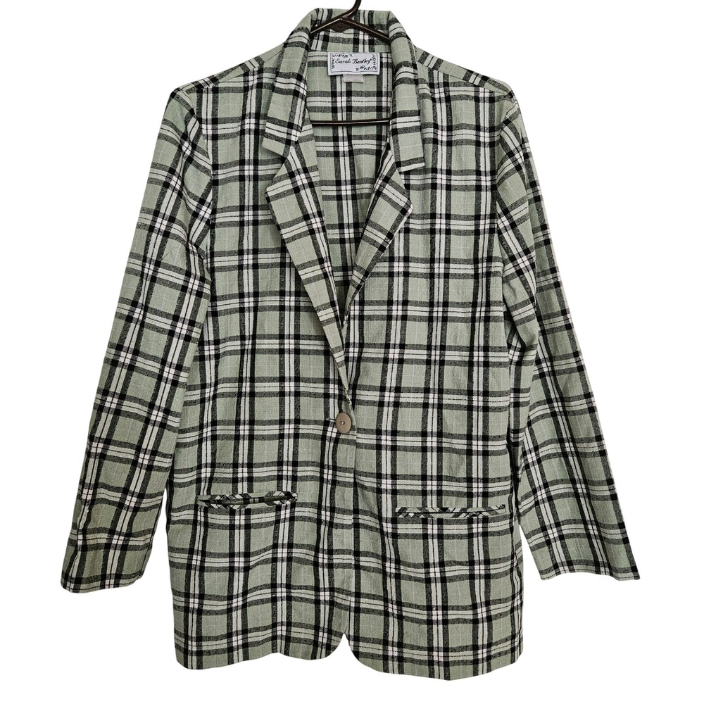 Sarah Bentley Vintage Sage Green Plaid Single Button Blazer Jacket Medium